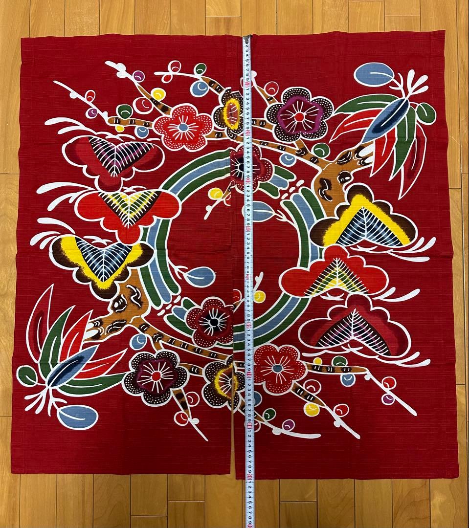 昭和レトロ 年代物 沖縄 のれん 和風 赤 エンジ 赤茶 90cm×90cm