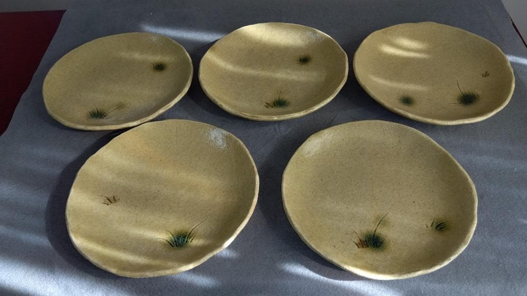 大嶋久興　美濃焼の名工【子の日窯】黄瀬戸「油揚げ手」希少美品逸品　中皿5客セット