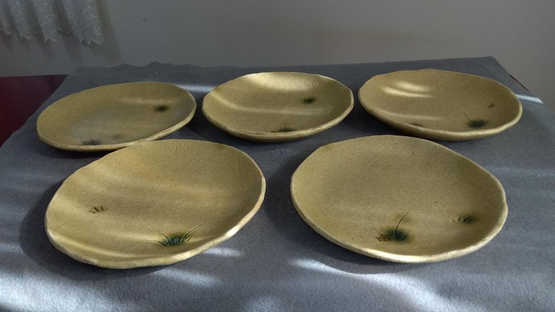 大嶋久興　美濃焼の名工【子の日窯】黄瀬戸「油揚げ手」希少美品逸品　中皿5客セット