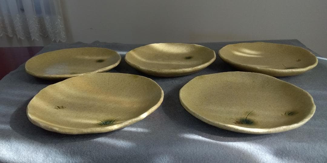 大嶋久興　美濃焼の名工【子の日窯】黄瀬戸「油揚げ手」希少美品逸品　中皿5客セット