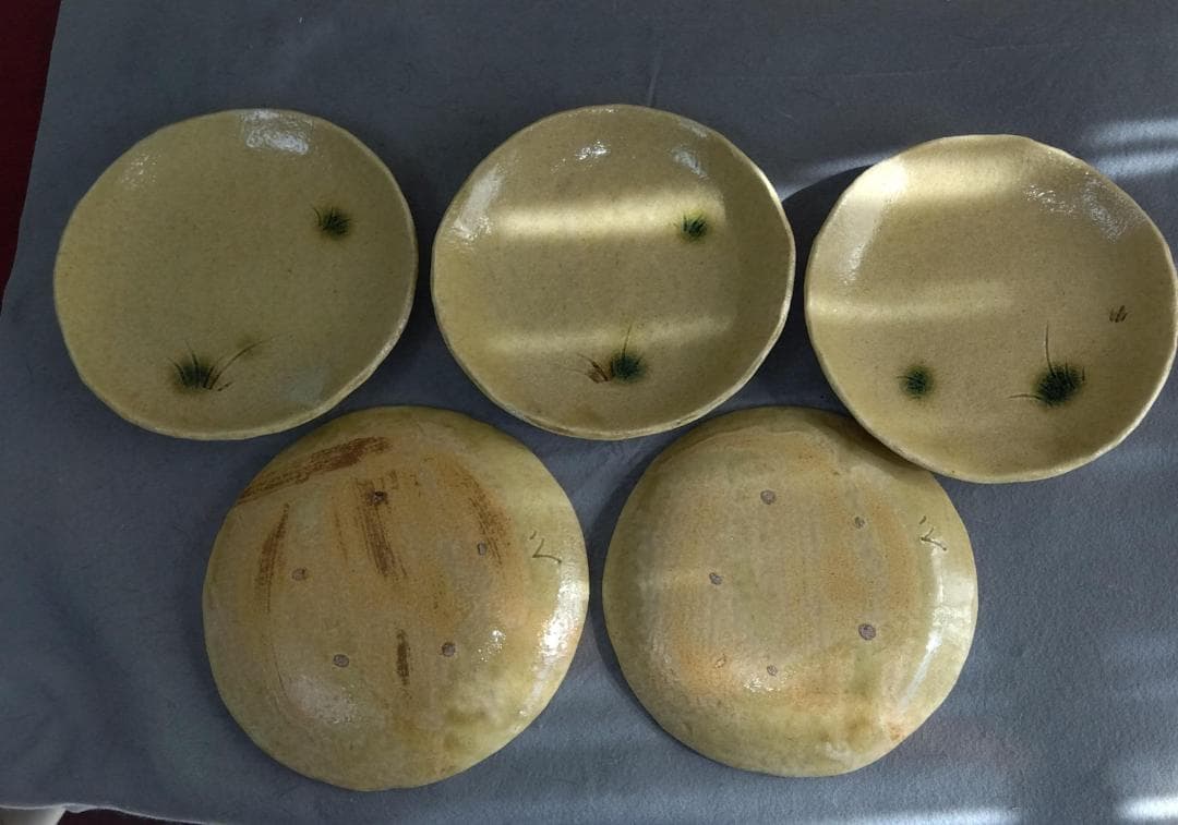 大嶋久興　美濃焼の名工【子の日窯】黄瀬戸「油揚げ手」希少美品逸品　中皿5客セット