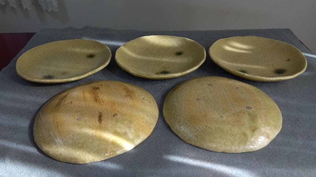 大嶋久興　美濃焼の名工【子の日窯】黄瀬戸「油揚げ手」希少美品逸品　中皿5客セット
