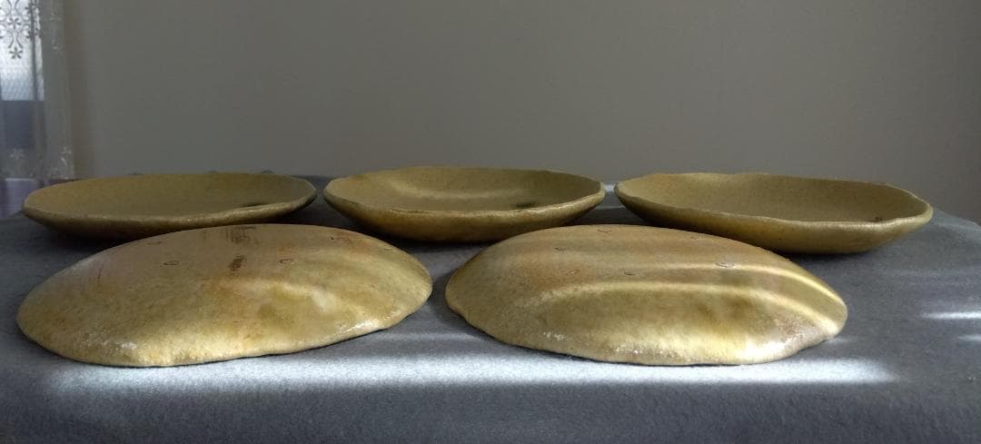 大嶋久興　美濃焼の名工【子の日窯】黄瀬戸「油揚げ手」希少美品逸品　中皿5客セット