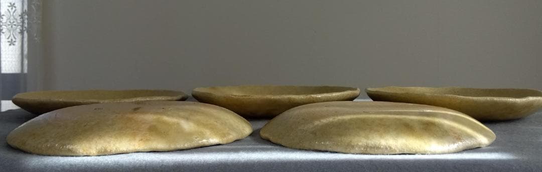 大嶋久興　美濃焼の名工【子の日窯】黄瀬戸「油揚げ手」希少美品逸品　中皿5客セット