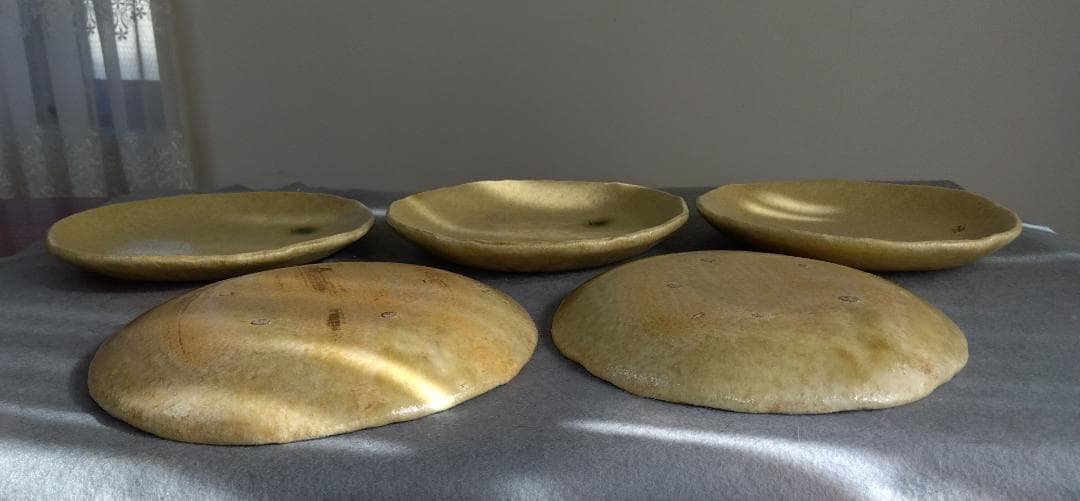 大嶋久興　美濃焼の名工【子の日窯】黄瀬戸「油揚げ手」希少美品逸品　中皿5客セット