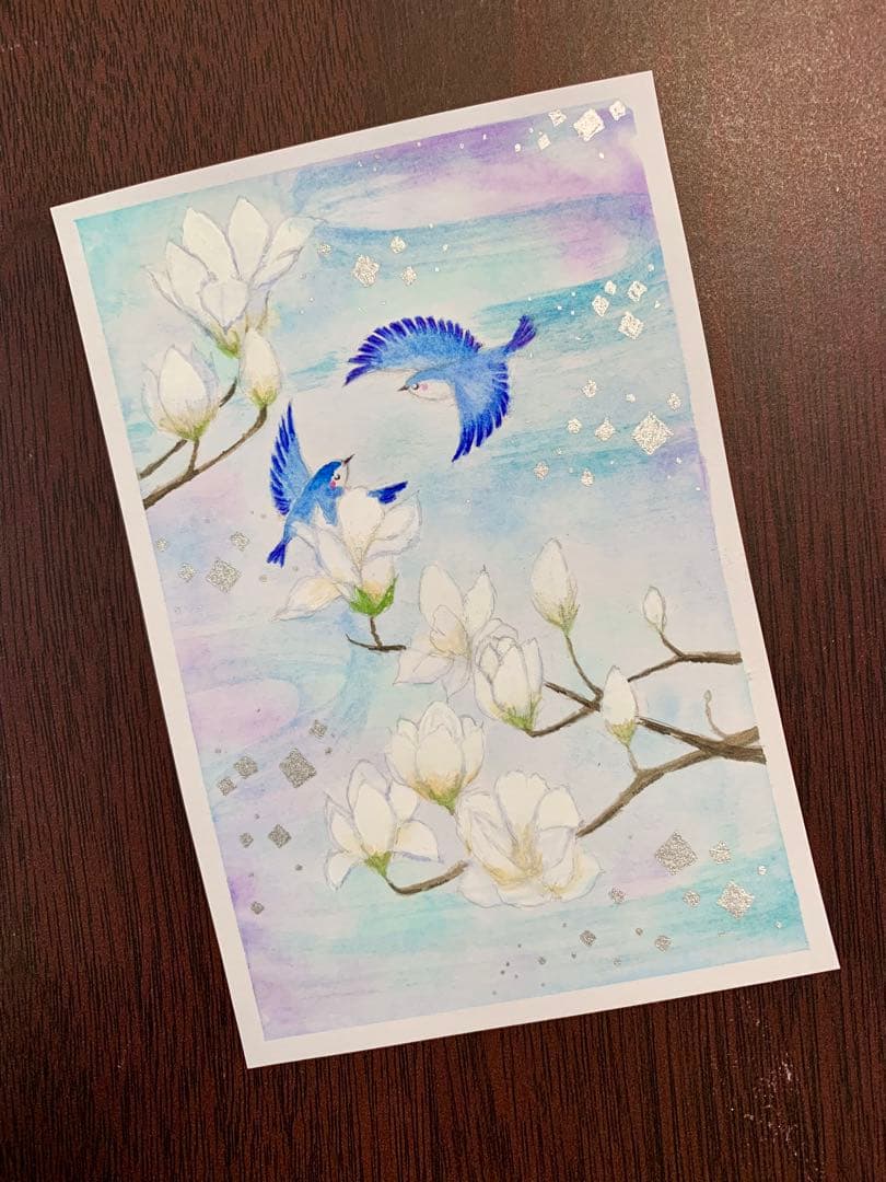 水彩画　木蓮と青い小鳥　値段は※900円です