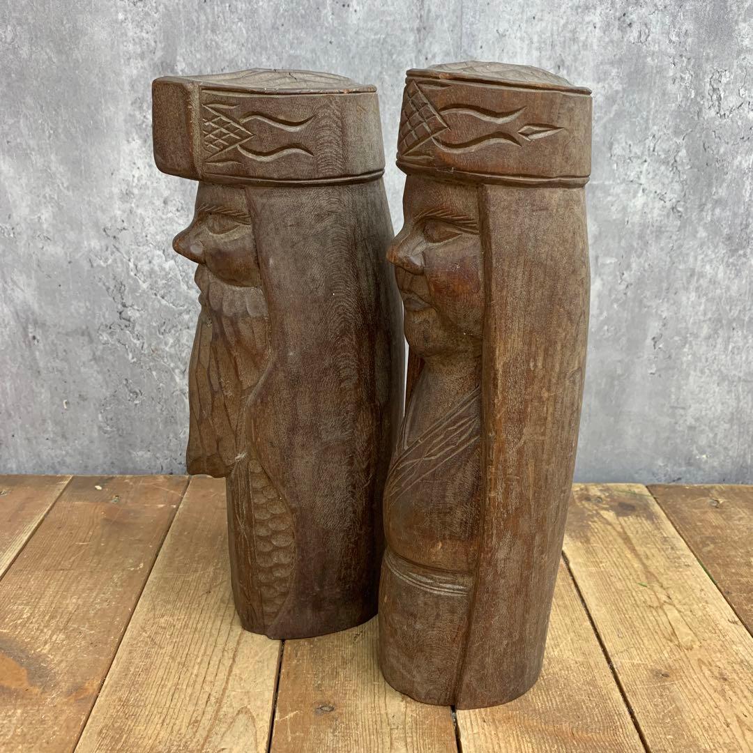 4F 【希少】アイヌ文様 木彫り 人形 2体セット 伝統工芸 民芸品