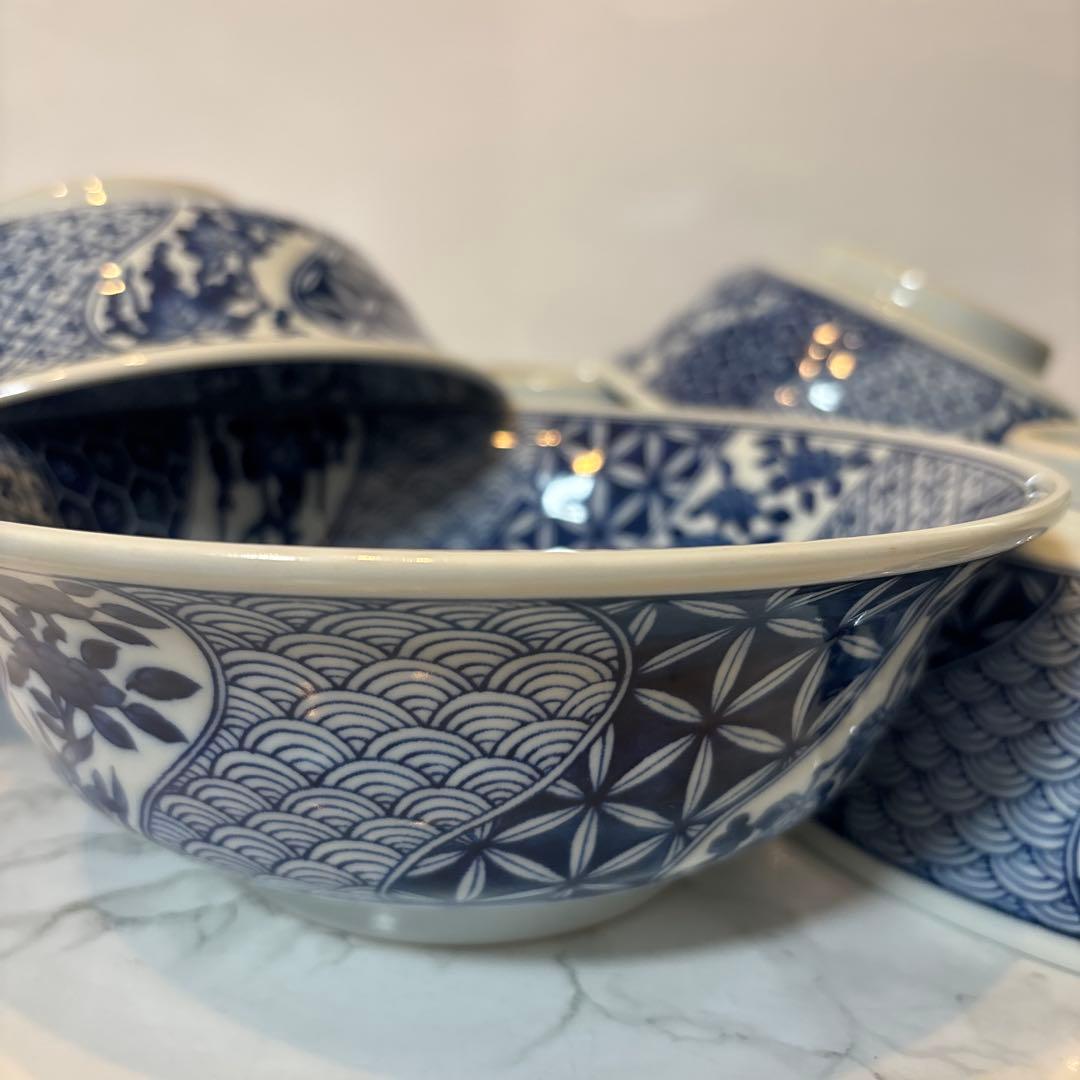 三洋陶器 龍峯窯 染付捻り祥瑞 丼ぶり揃 5客セット ラーメン丼✴︎どんぶり✴︎鉢