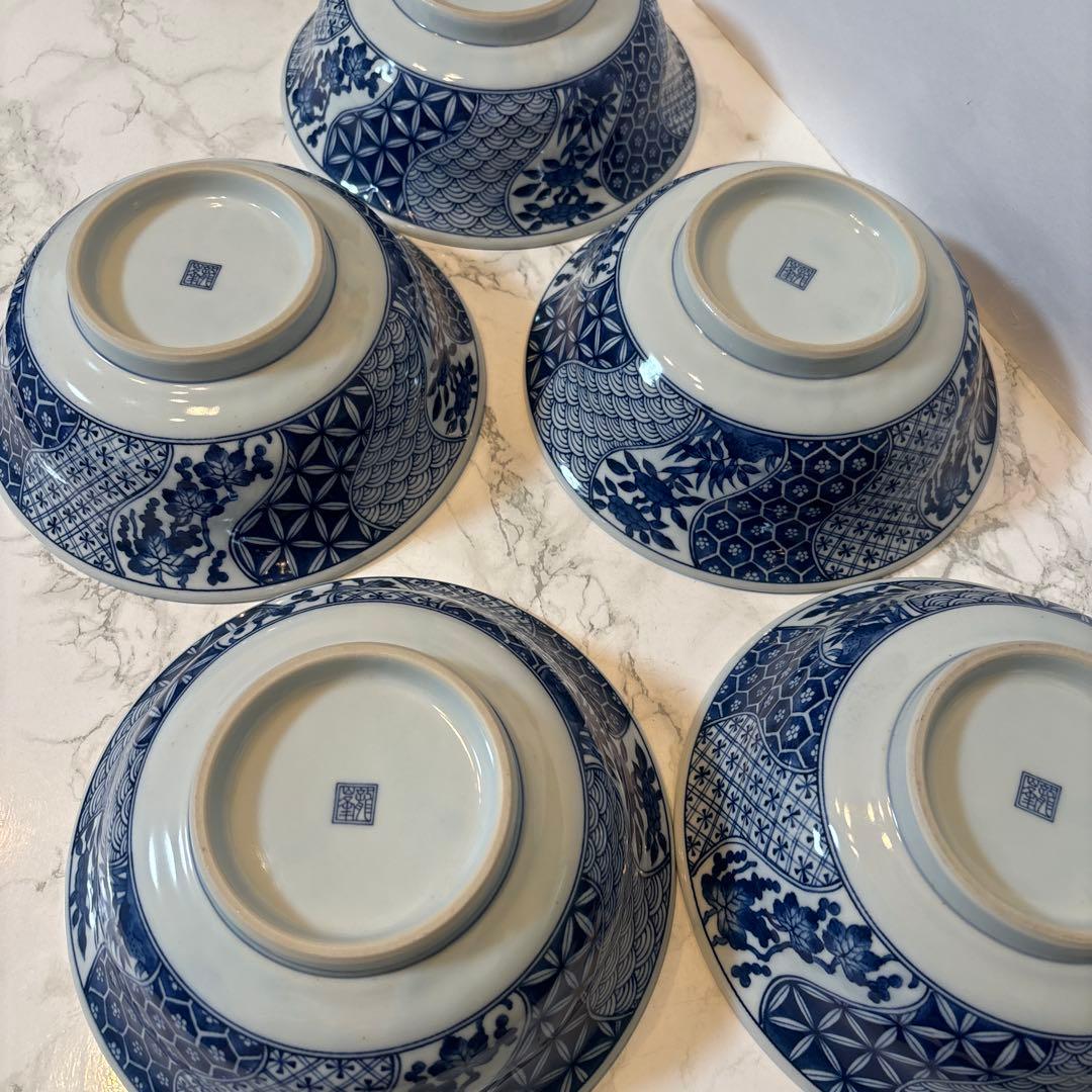 三洋陶器 龍峯窯 染付捻り祥瑞 丼ぶり揃 5客セット ラーメン丼✴︎どんぶり✴︎鉢