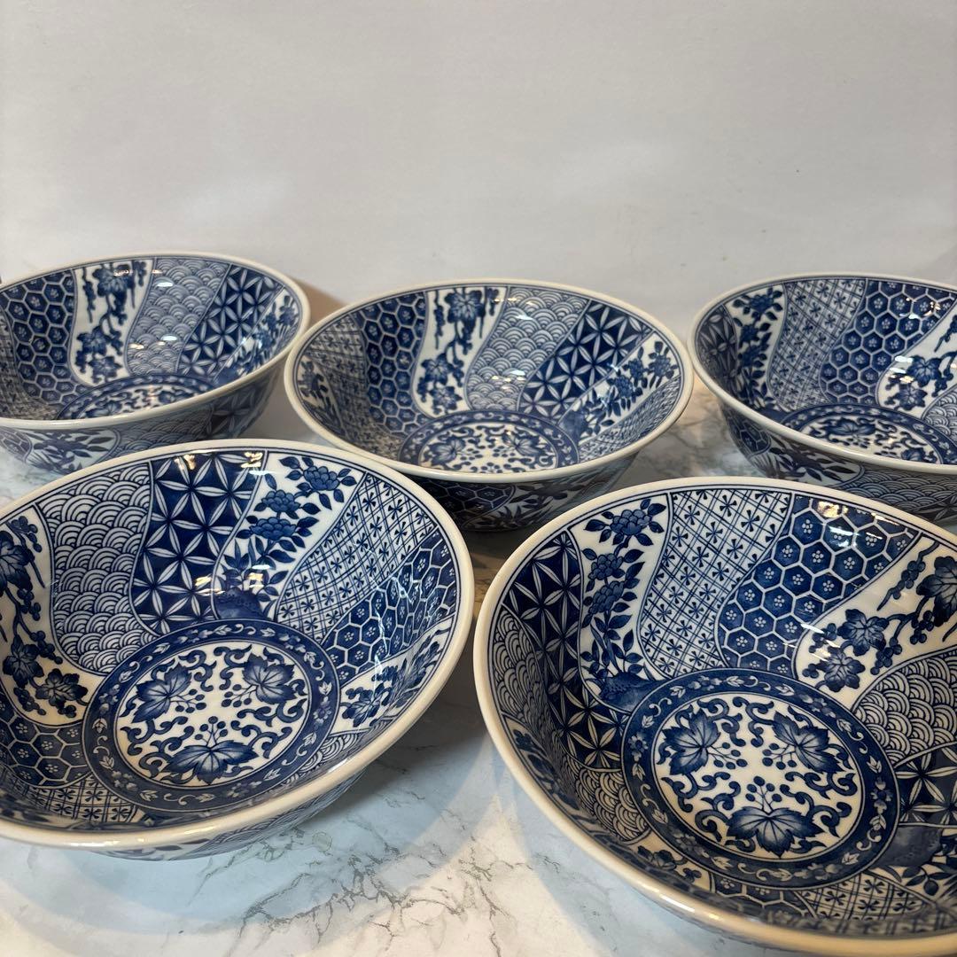 三洋陶器 龍峯窯 染付捻り祥瑞 丼ぶり揃 5客セット ラーメン丼✴︎どんぶり✴︎鉢