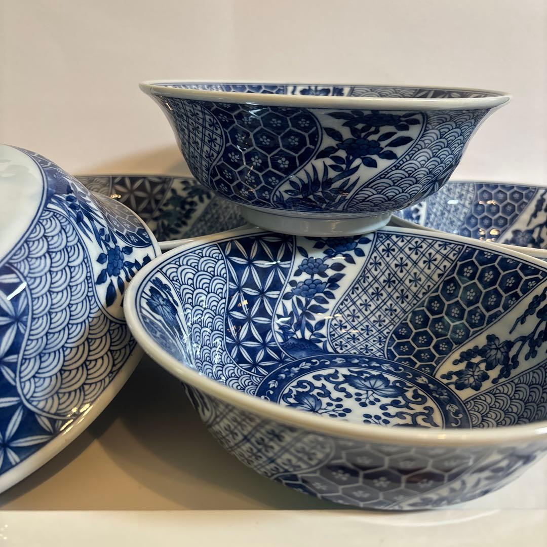 三洋陶器 龍峯窯 染付捻り祥瑞 丼ぶり揃 5客セット ラーメン丼✴︎どんぶり✴︎鉢