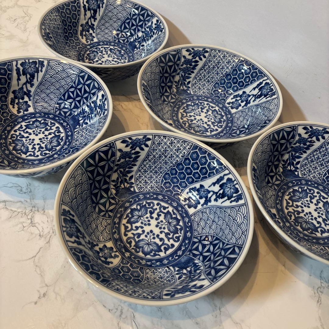 三洋陶器 龍峯窯 染付捻り祥瑞 丼ぶり揃 5客セット ラーメン丼✴︎どんぶり✴︎鉢