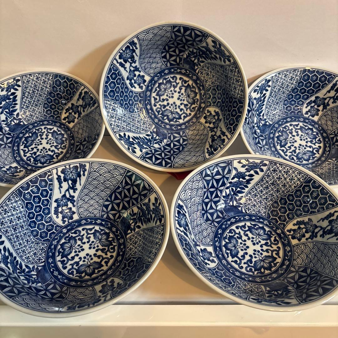 三洋陶器 龍峯窯 染付捻り祥瑞 丼ぶり揃 5客セット ラーメン丼✴︎どんぶり✴︎鉢