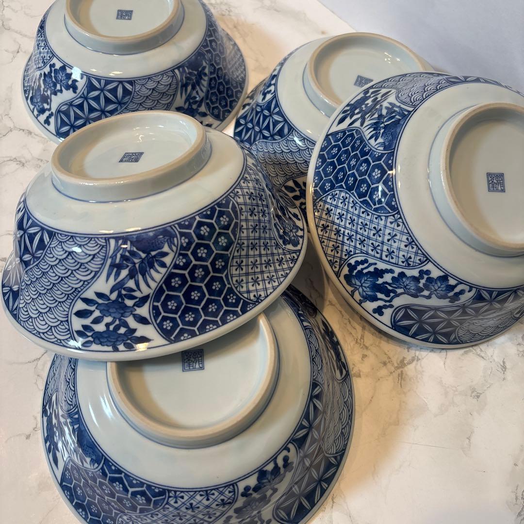 三洋陶器 龍峯窯 染付捻り祥瑞 丼ぶり揃 5客セット ラーメン丼✴︎どんぶり✴︎鉢