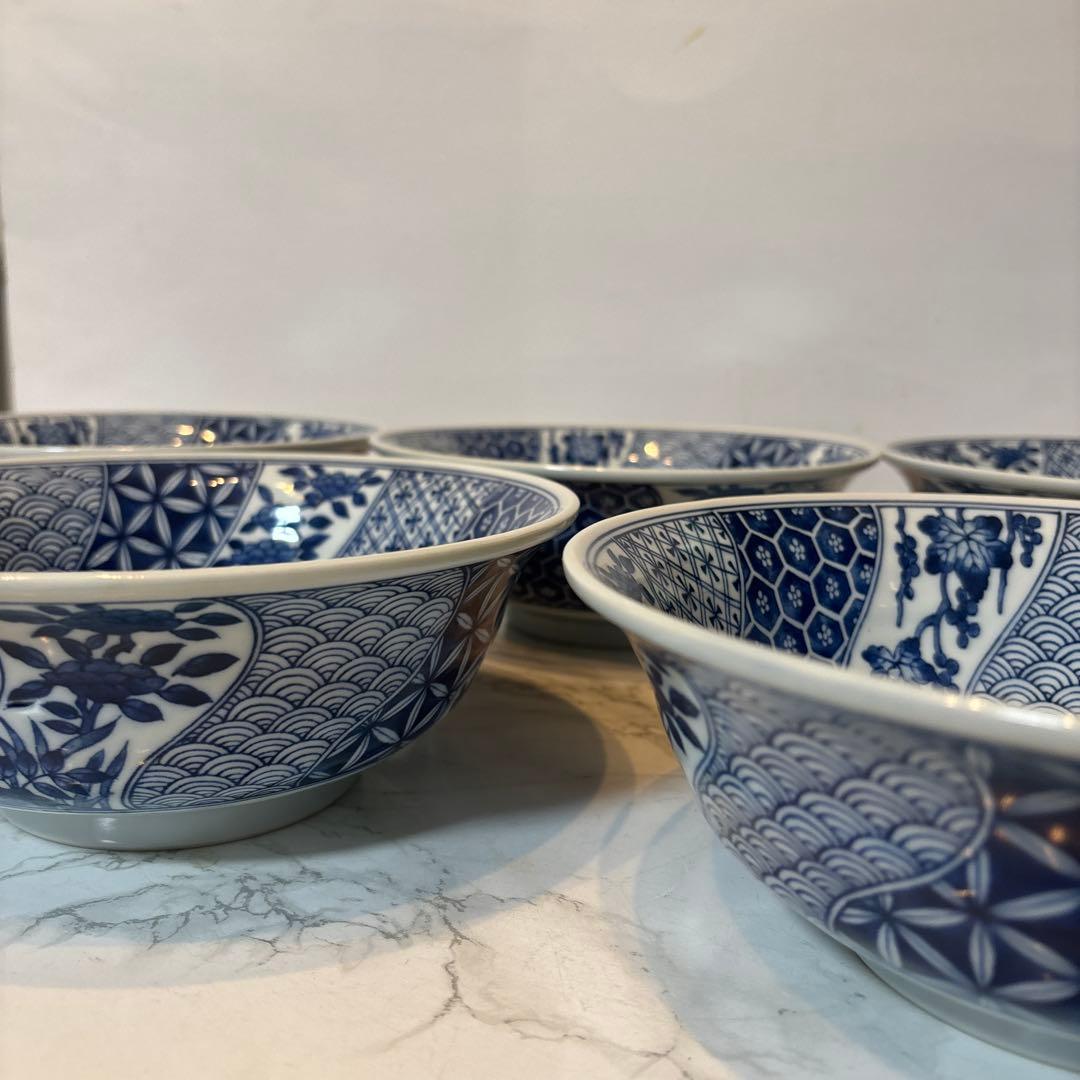 三洋陶器 龍峯窯 染付捻り祥瑞 丼ぶり揃 5客セット ラーメン丼✴︎どんぶり✴︎鉢