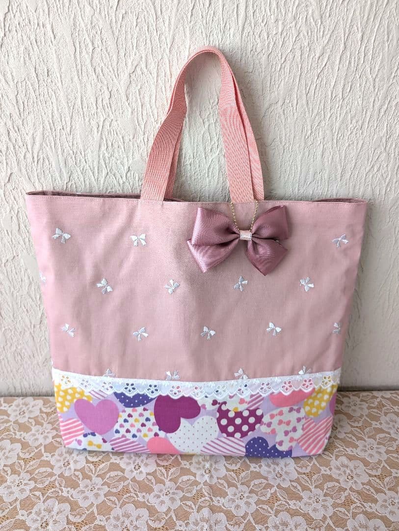 刺繍リボンピンク＆ハート　入学入園7点セット、レッスンバック☆上履き袋☆体操着袋