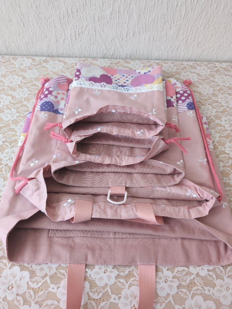 刺繍リボンピンク＆ハート　入学入園7点セット、レッスンバック☆上履き袋☆体操着袋