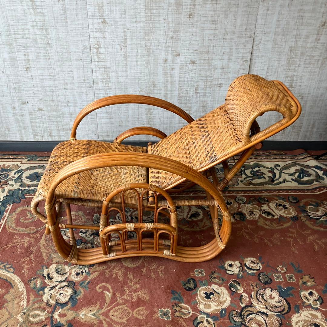 ビンテージ ラタンリクライニングチェア オットマン付き 籐家具 1人掛けソファー