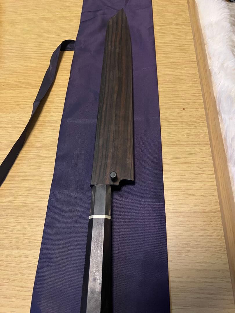 切り付け柳刃包丁 本焼き 黒檀 約33cm 鞘付き 作者 英