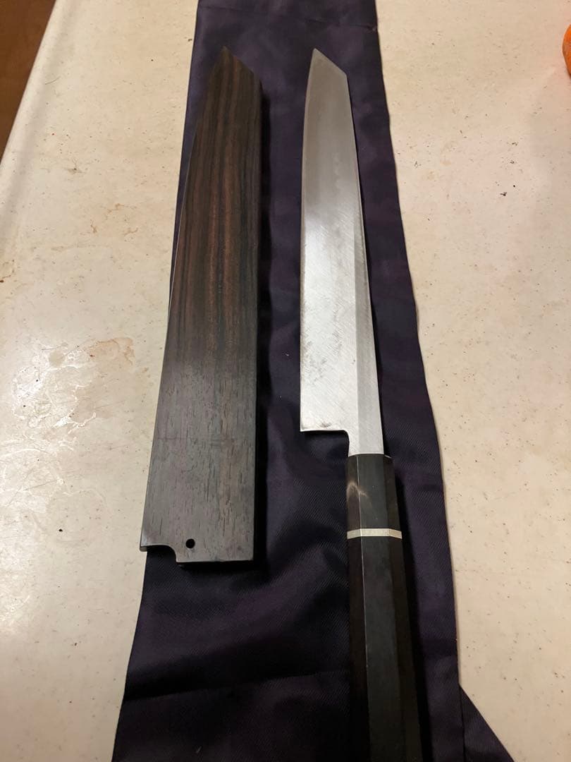 切り付け柳刃包丁 本焼き 黒檀 約33cm 鞘付き 作者 英