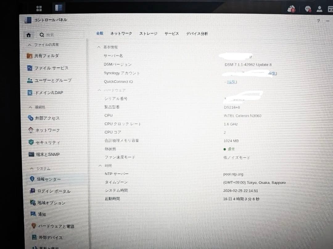 Synology DS216+II｜動作良好｜電源ケーブル・変換アダプター付き