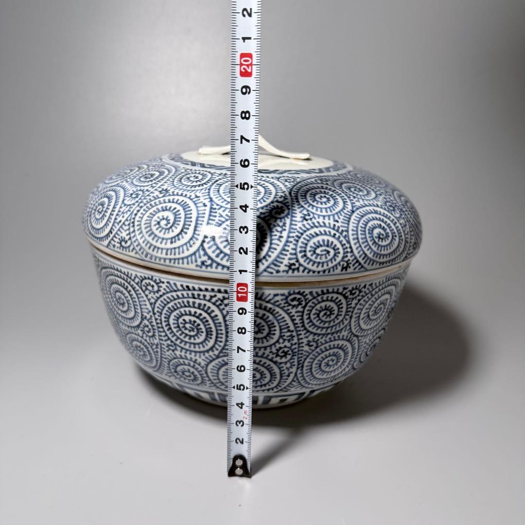 古伊万里　染付　蛸唐草　蓋付き鉢　直径21.5cm　共箱　蒐集家旧蔵品　状態◎