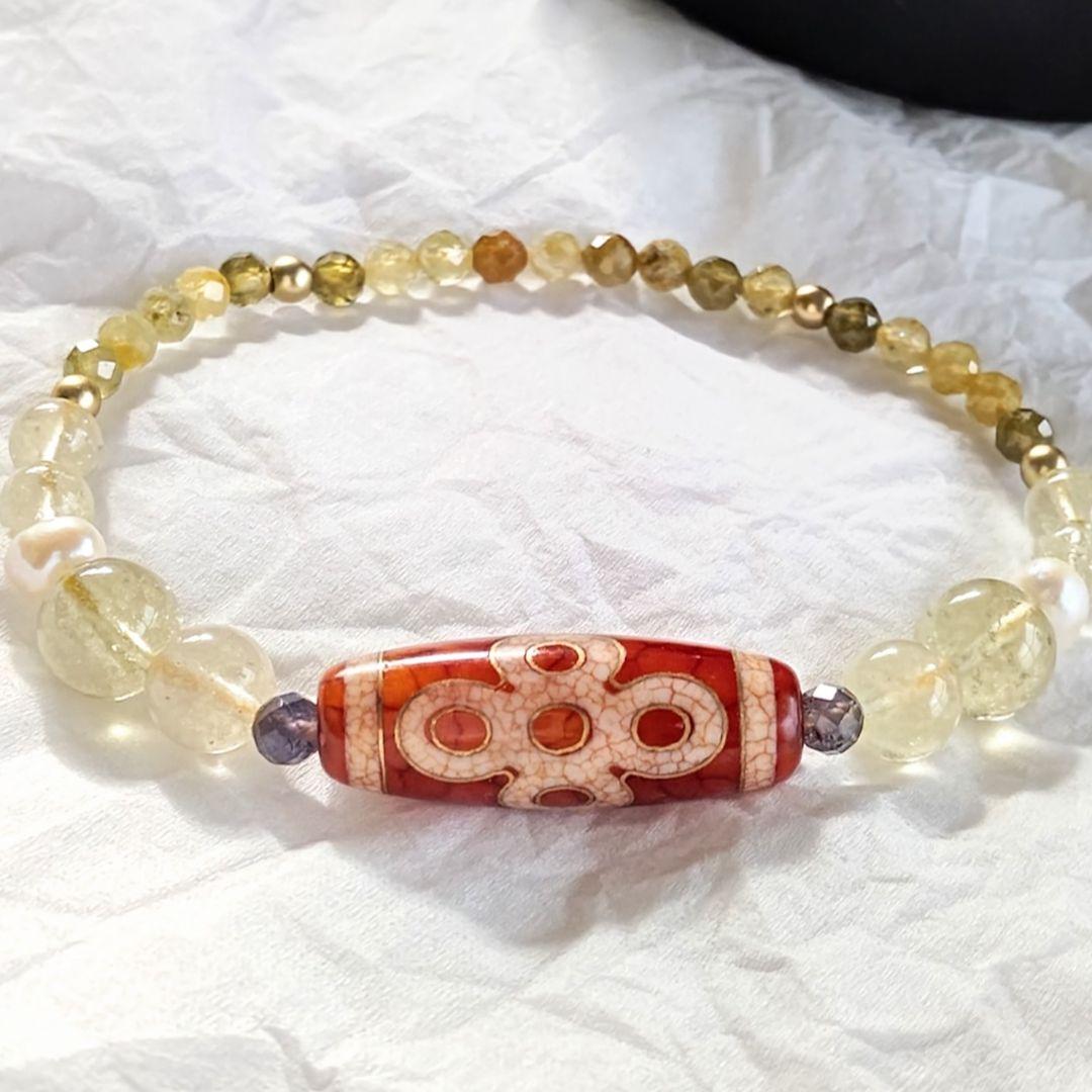 【金線 閃電五眼天珠】 リビアングラス 天然石 御守り 華奢ブレス ツォボライト