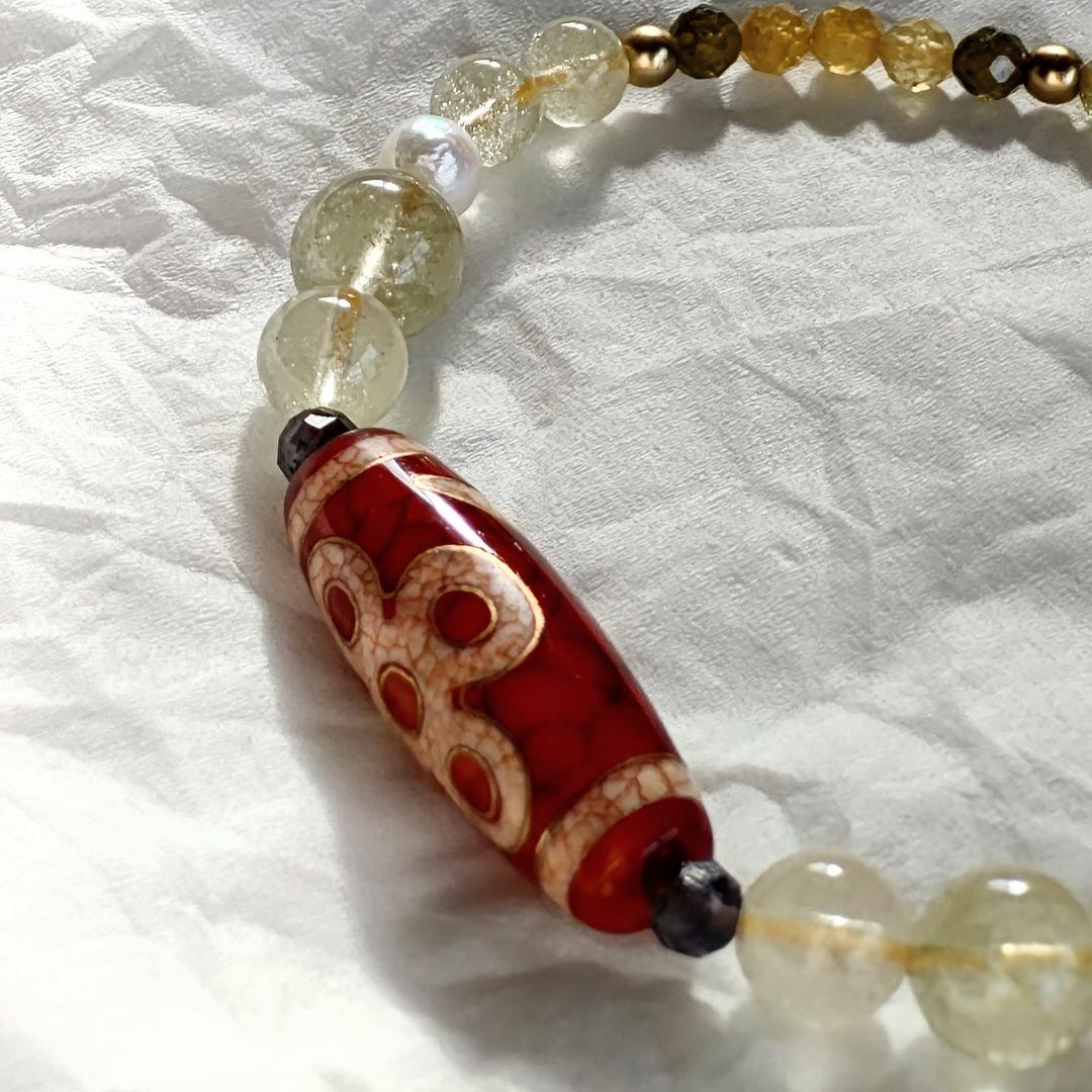 【金線 閃電五眼天珠】 リビアングラス 天然石 御守り 華奢ブレス ツォボライト