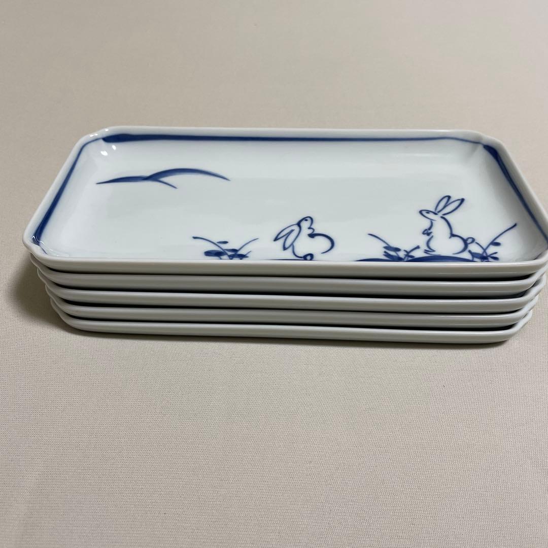 たち吉　うさぎ柄 長角皿 5枚セット 染付 和食器 小皿 銘々皿