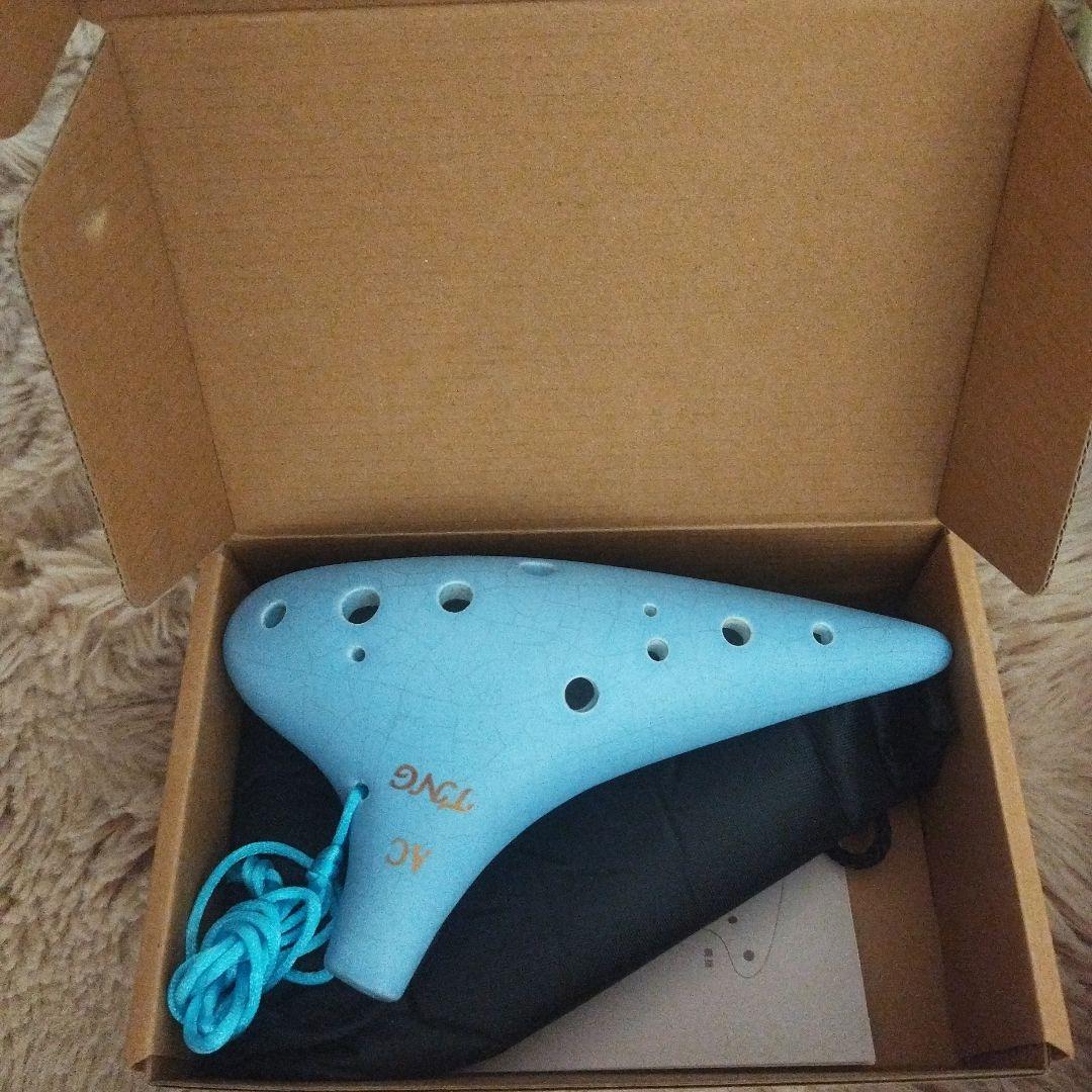 青い 12穴 オカリナ 裂紋釉 収納袋付き シングル c調 ac