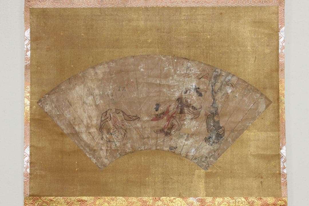 No5605 掛軸　作者不詳　在印　人物図　扇面　紙本着色　浮世絵　送料無料