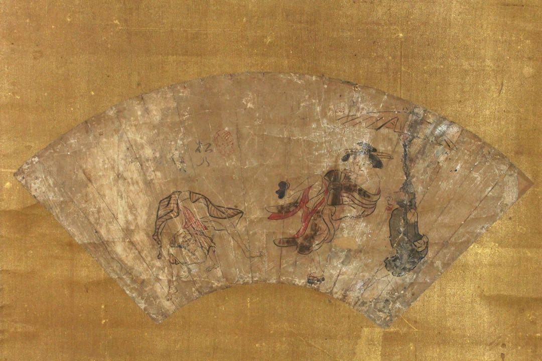 No5605 掛軸　作者不詳　在印　人物図　扇面　紙本着色　浮世絵　送料無料