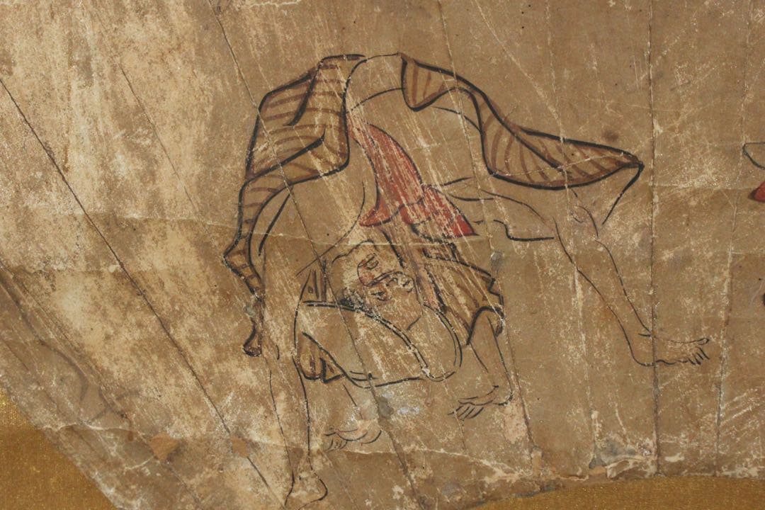 No5605 掛軸　作者不詳　在印　人物図　扇面　紙本着色　浮世絵　送料無料