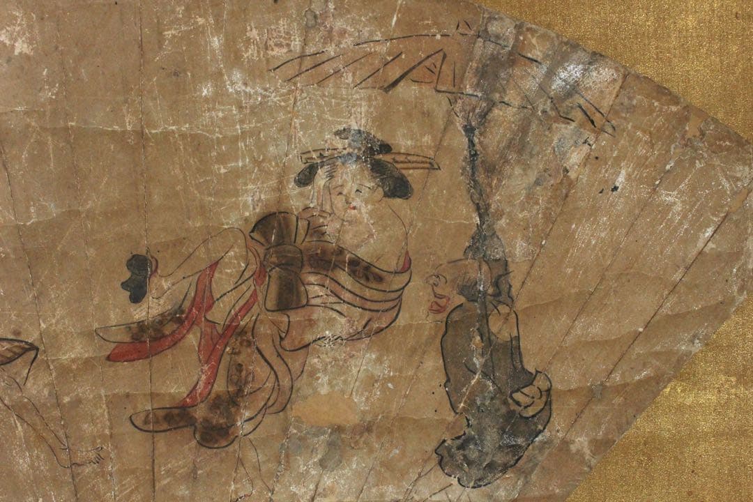 No5605 掛軸　作者不詳　在印　人物図　扇面　紙本着色　浮世絵　送料無料