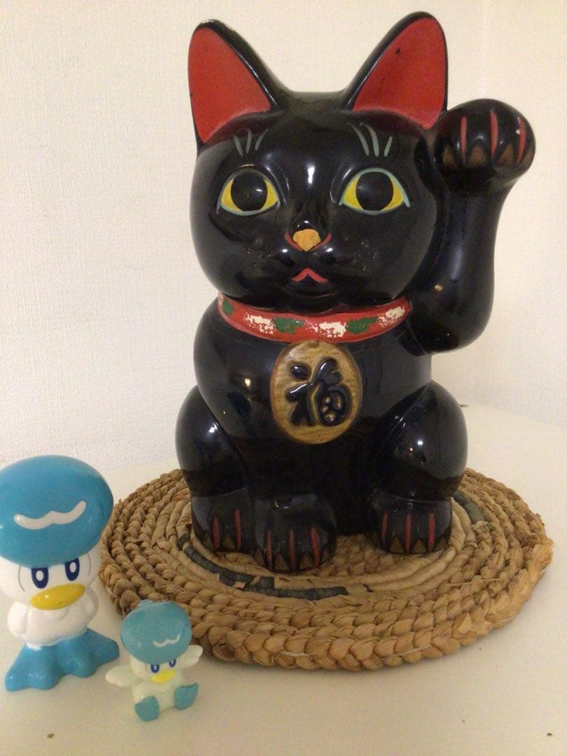 昭和レトロ 黒猫 招き猫 8号 開運 招福 縁起物 左手 商売繁盛 貯金箱