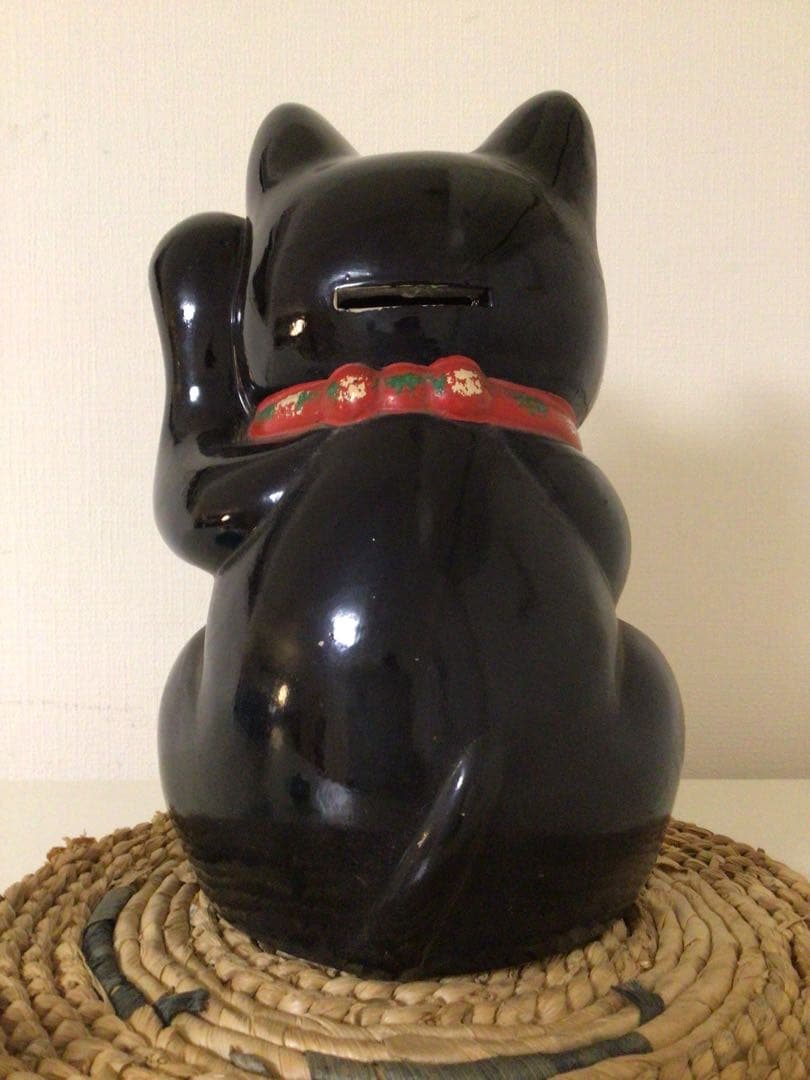 昭和レトロ 黒猫 招き猫 8号 開運 招福 縁起物 左手 商売繁盛 貯金箱