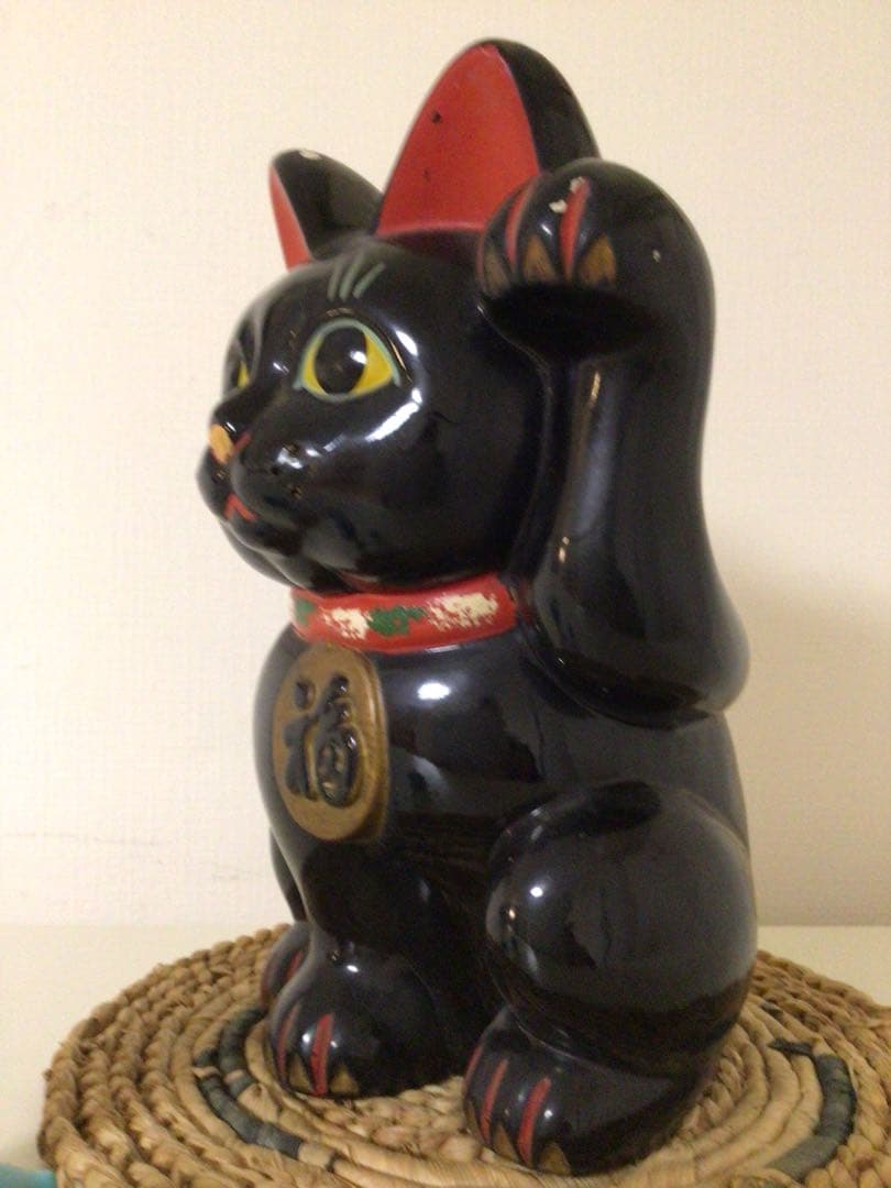 昭和レトロ 黒猫 招き猫 8号 開運 招福 縁起物 左手 商売繁盛 貯金箱
