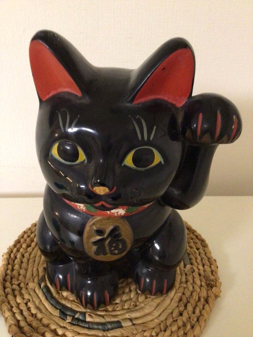 昭和レトロ 黒猫 招き猫 8号 開運 招福 縁起物 左手 商売繁盛 貯金箱