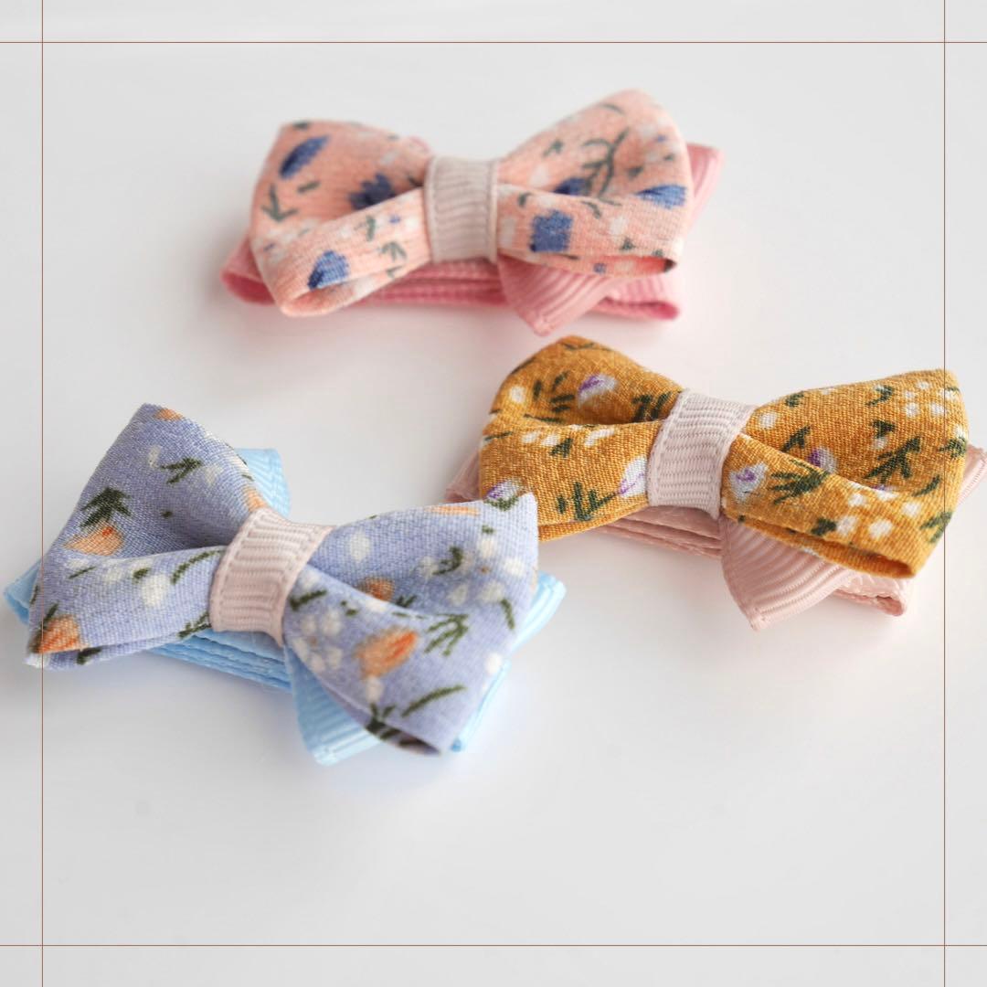 【オーダー♡花柄ダブルリボン】ヘアクリップ　ヘアゴム　ベビー　キッズ　小花