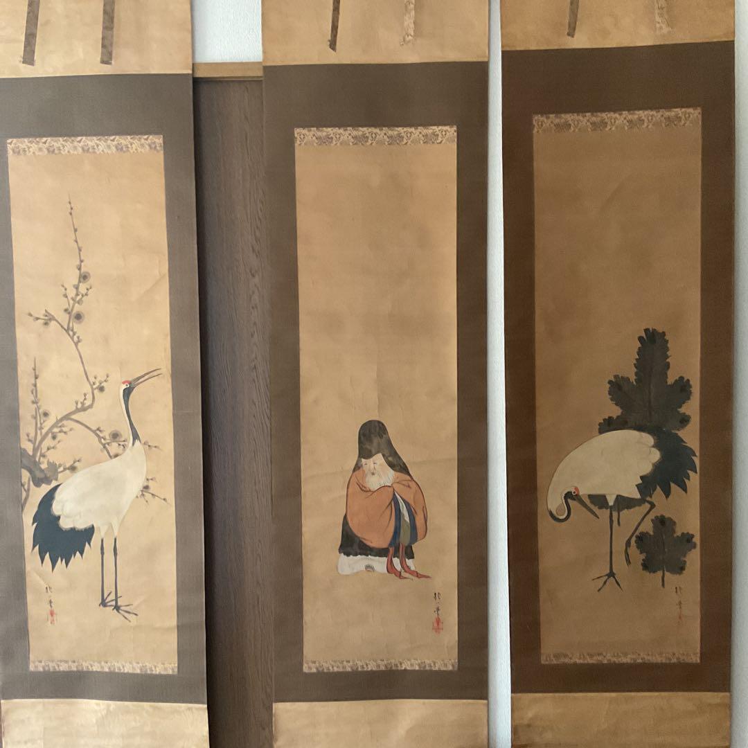 日本画 酒井抱一 三幅対 【梅に鶴、松に鶴、寿老人】 時代箱 落款参考 模写