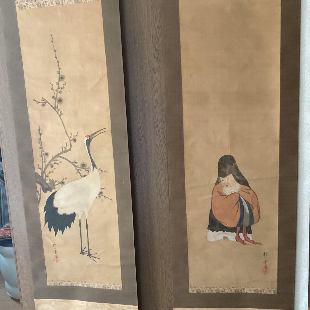 日本画 酒井抱一 三幅対 【梅に鶴、松に鶴、寿老人】 時代箱 落款参考 模写