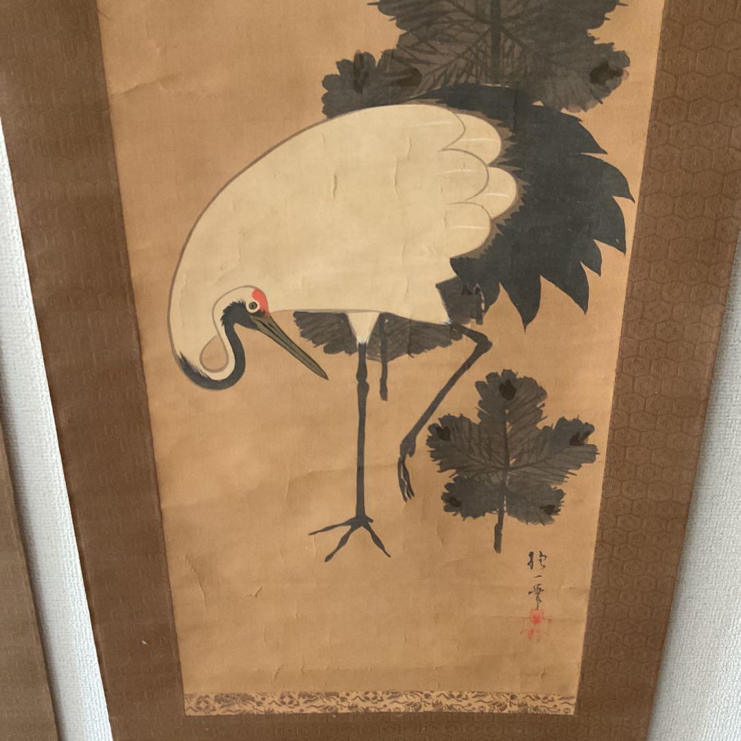 日本画 酒井抱一 三幅対 【梅に鶴、松に鶴、寿老人】 時代箱 落款参考 模写