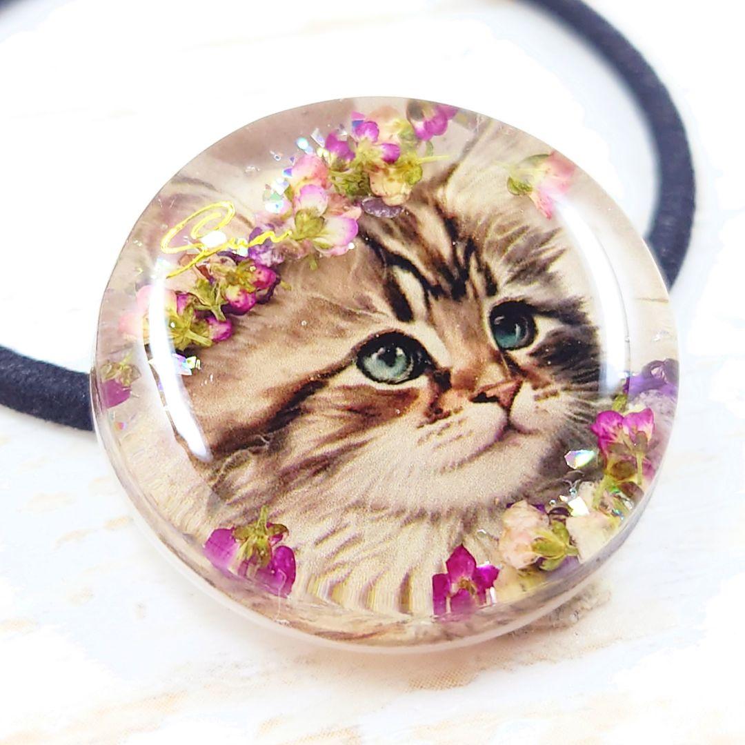 押し花と猫ちゃんのヘアゴム ハンドメイド レジン アリッサム ネックレス お花