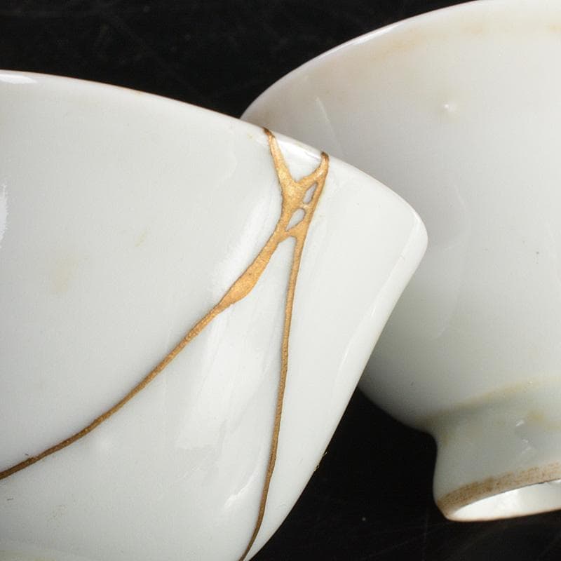 中国　南京白磁　染付寿文　煎茶碗　五客　時代箱付　金継ぎ直しあ　M　R6911