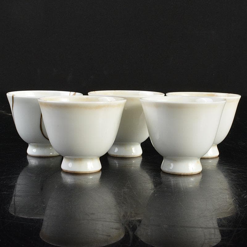 中国　南京白磁　染付寿文　煎茶碗　五客　時代箱付　金継ぎ直しあ　M　R6911