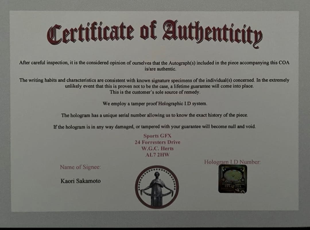 坂本花織 直筆サイン付き写真 世界女王 女子フィギュアスケート　証明書付 1枚⑩