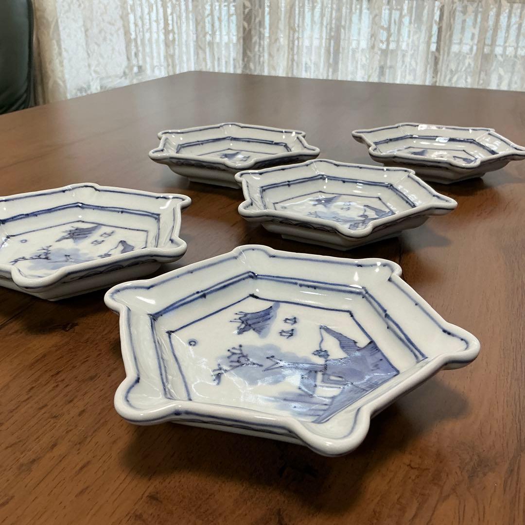 川瀬満之　染付山水文六角　小鉢　(深皿) 美品　清水焼