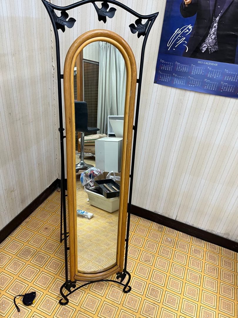 アンティーク風木製スタンドミラー 全身鏡 自立式