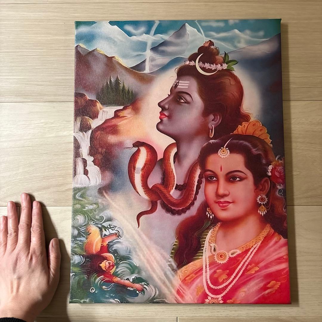 ヒンドゥー教の神々のキャンバスアート、フック付、シヴァ、ガンガー、パールヴァティ