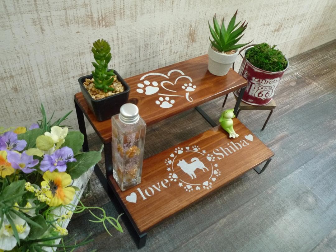 ♥️ご予約⭐柴犬ちゃん柄♥️アイアンレッグ2段棚⭐ウォルナット♥️--168
